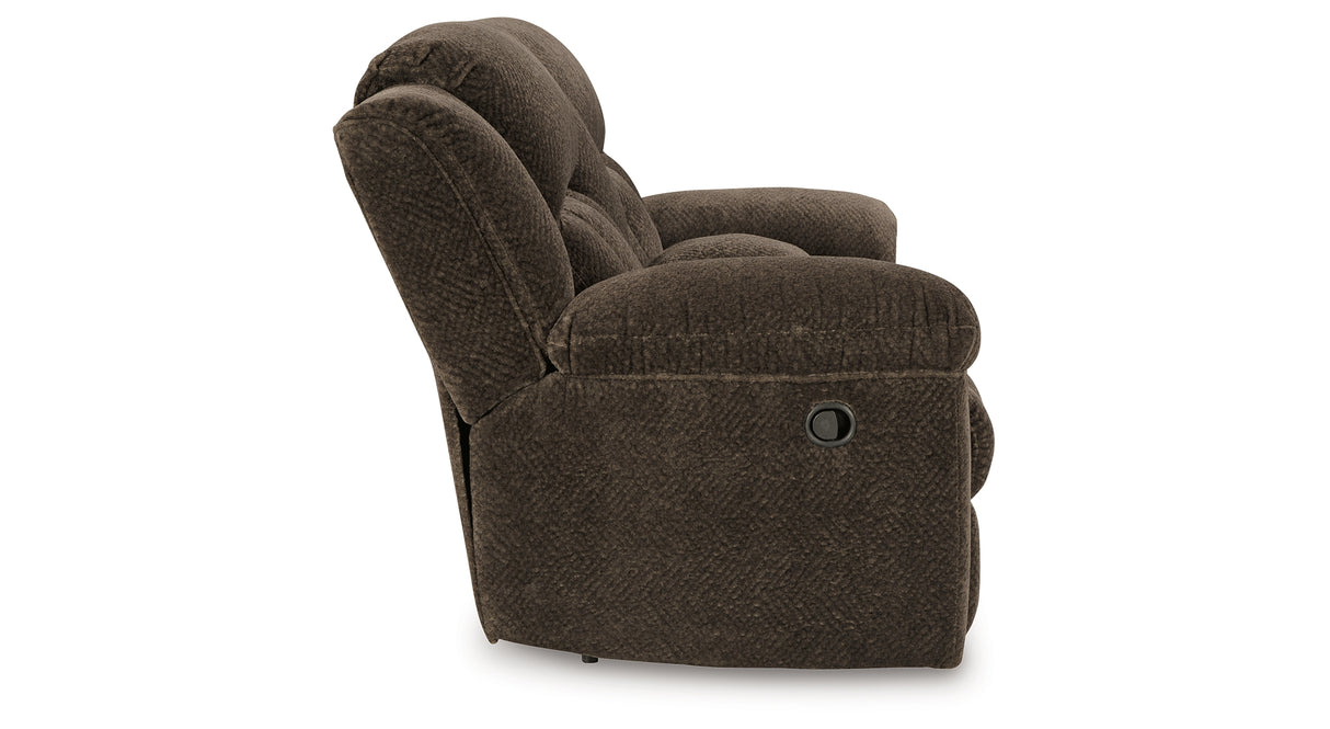 Frohn Chocolate Reclining Loveseat with Console from Ashley Furniture - Luna Furniture