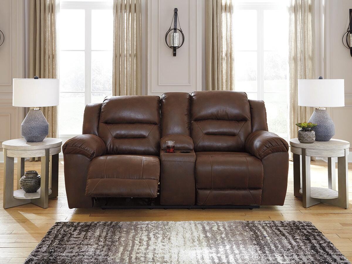 Stoneland Chocolate Power Reclining Loveseat with Console from Ashley Furniture - Luna Furniture