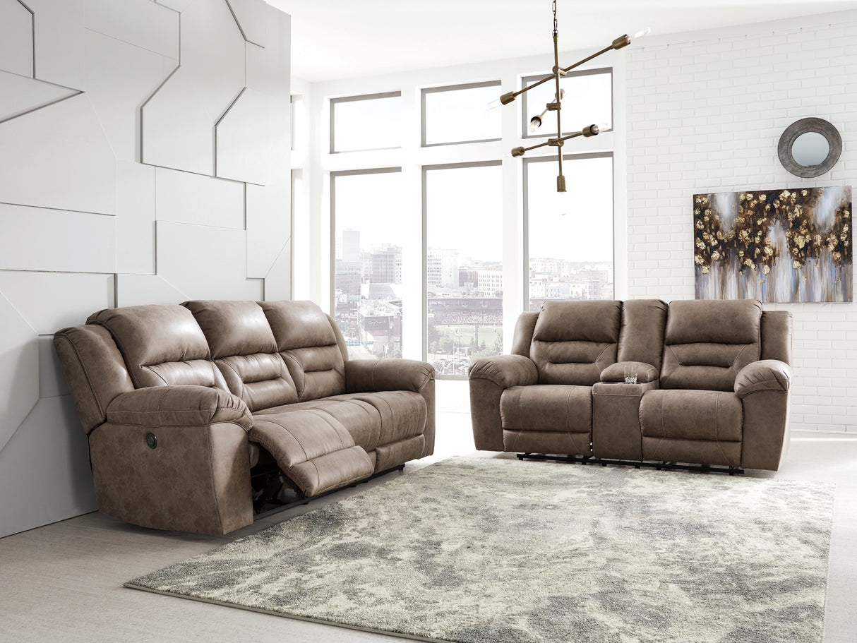 Stoneland Power Reclining Sofa and Loveseat in Fossil from Ashley Furniture - Luna Furniture