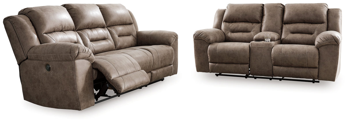 Stoneland Power Reclining Sofa and Loveseat in Fossil from Ashley Furniture - Luna Furniture
