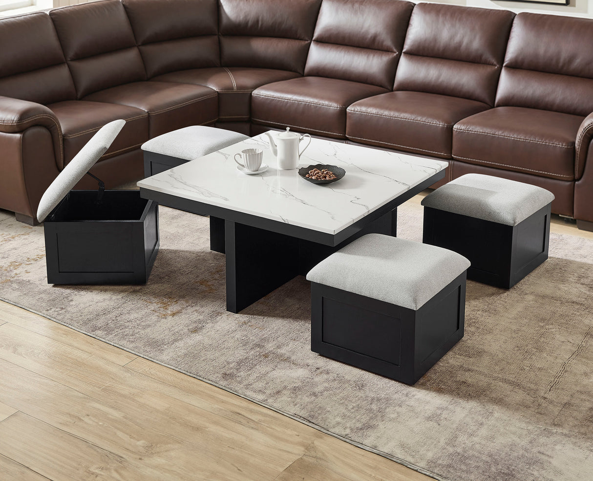Marta Light Gray Coffee Table with 4 Storage Ottomans from Crown Mark - Luna Furniture