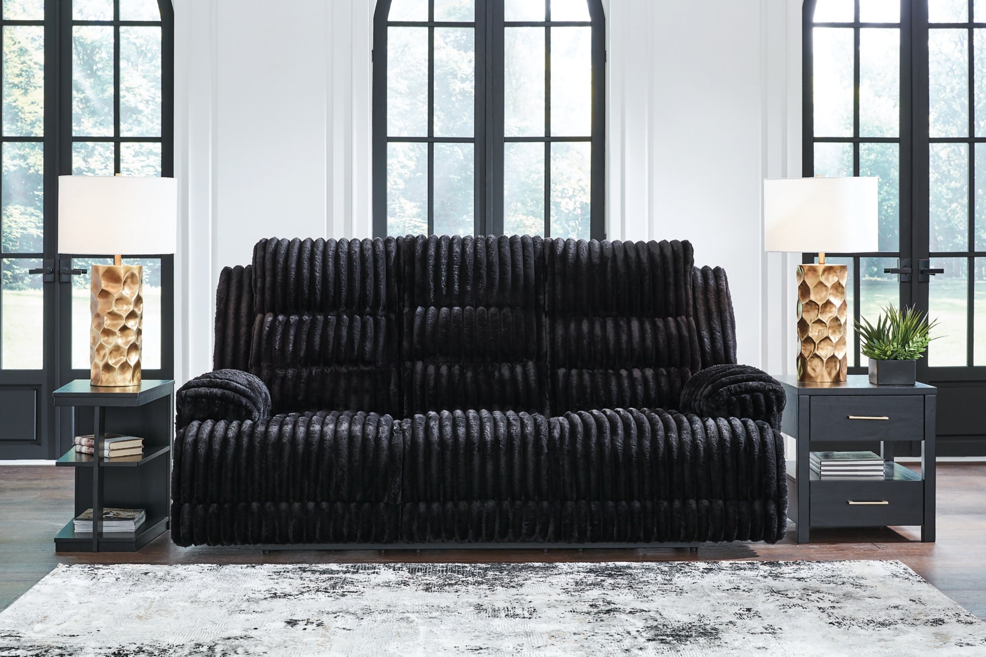 Ashley Rhine Falls Onyx Power Reclining Sofa with Drop Down Table