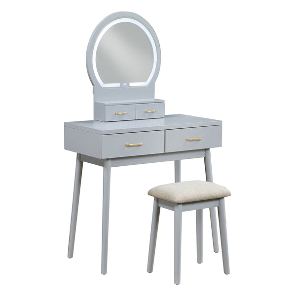 Ornate Gray Vanity Dresser with Mirror and Stool
