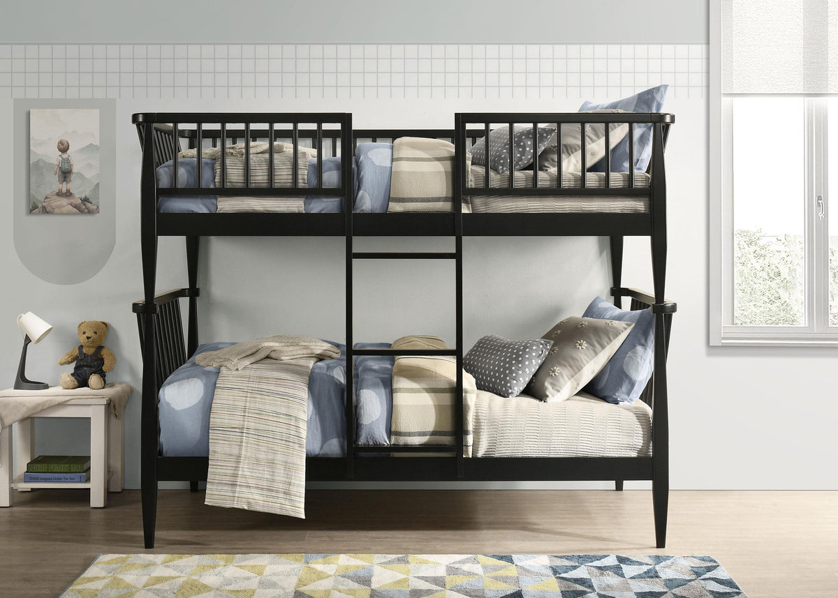 Abram Black Twin Over Twin Bunk Bed, Windsor slatted rails, front lifestyle view