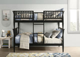 Abram Black Twin Over Twin Bunk Bed, Windsor slatted rails, front lifestyle view