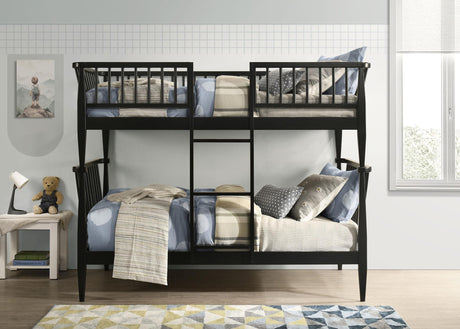 Abram Black Twin Over Twin Bunk Bed, Windsor slatted rails, front lifestyle view