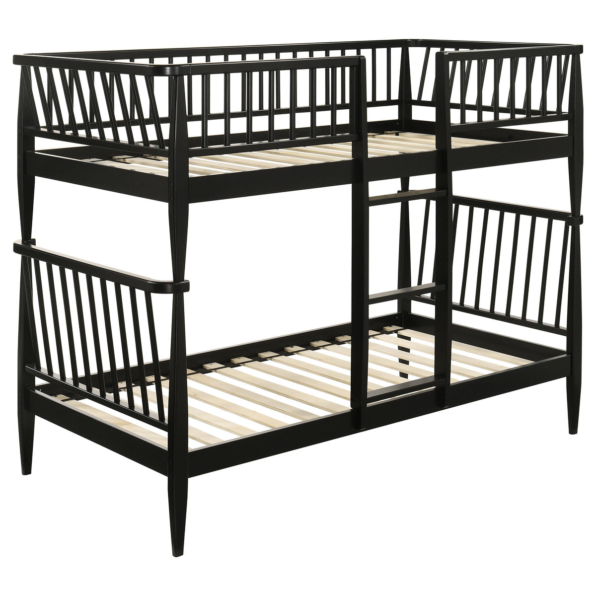 Abram Black Twin Over Twin Bunk Bed, black Windsor rails, three-quarter angle
