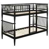 Abram Black Twin Over Twin Bunk Bed, black Windsor rails, three-quarter angle