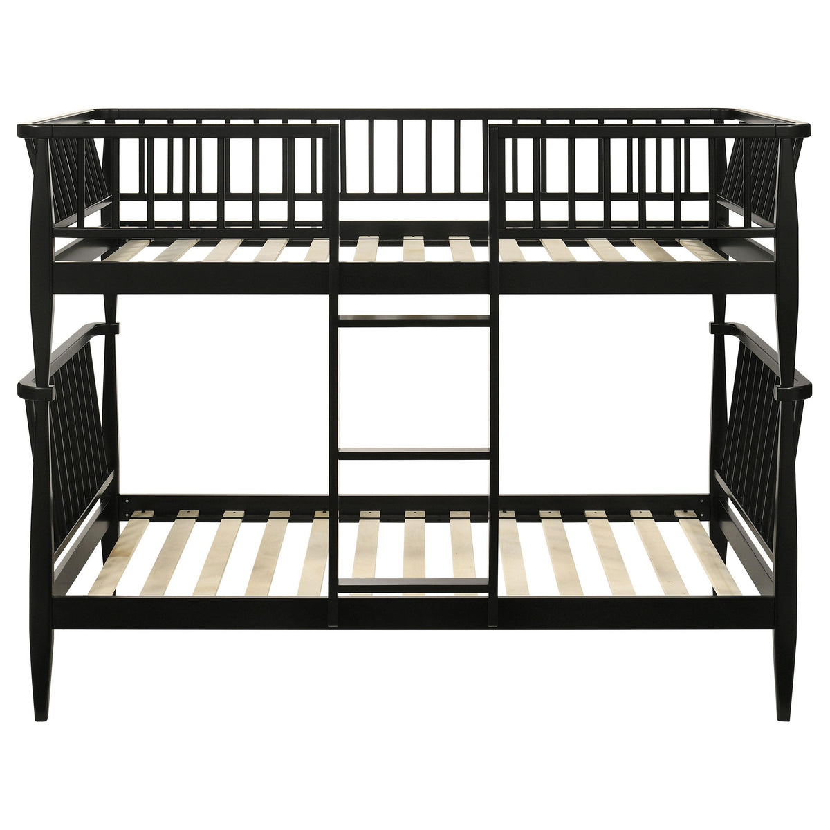 Abram Black Twin Over Twin Bunk Bed, front view, central ladder and slat bases