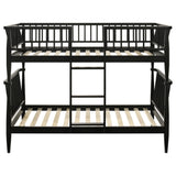 Abram Black Twin Over Twin Bunk Bed, front view, central ladder and slat bases