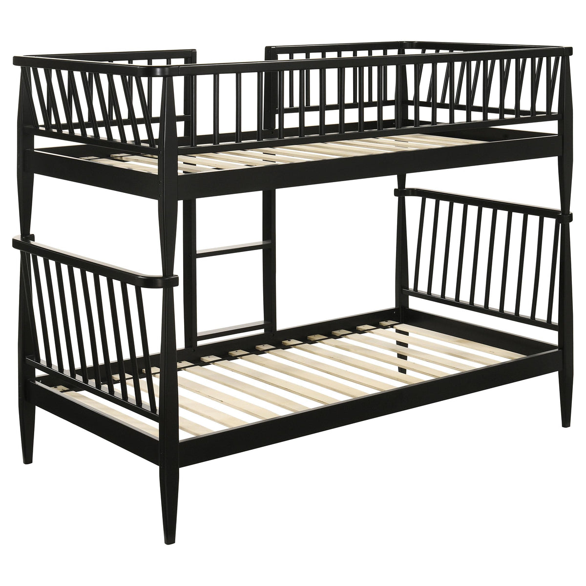 Abram Black Twin Over Twin Bunk Bed, angled view, slatted Windsor rails
