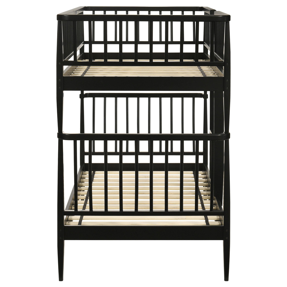 Abram Black Twin Over Twin Bunk Bed, side view, twin rail design and ladder opening