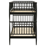 Abram Black Twin Over Twin Bunk Bed, side view, twin rail design and ladder opening