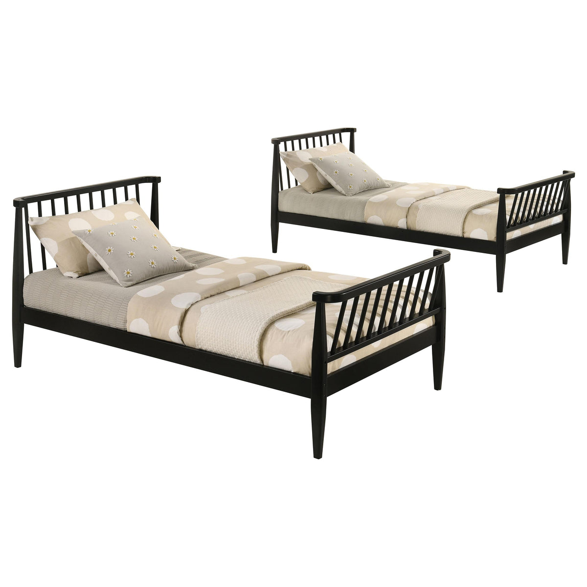 Abram Black Twin Over Twin Bunk Bed, end view, black slatted rails and ladder gap