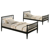 Abram Black Twin Over Twin Bunk Bed, end view, black slatted rails and ladder gap