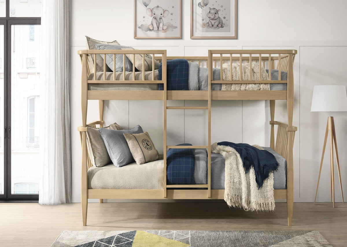 Abram Almond Twin Over Twin bunk bed, Windsor spindle rails, styled bedroom view