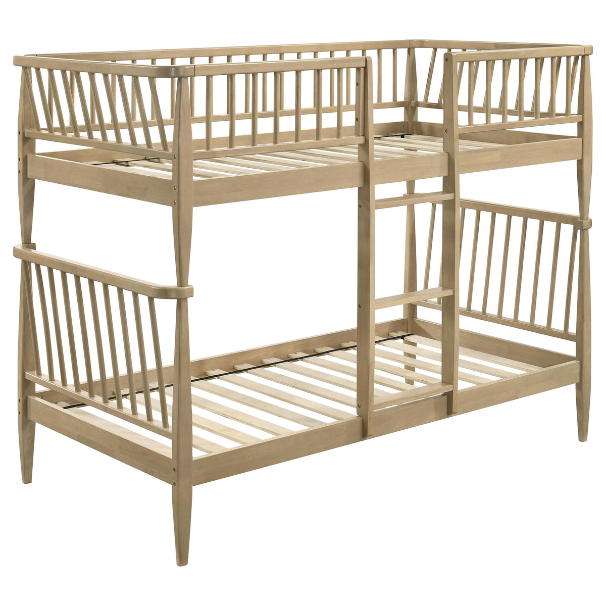 Abram Almond Twin Over Twin bunk bed, open spindle frame, three-quarter view