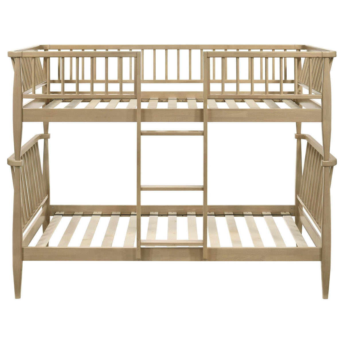 Abram Almond Twin Over Twin bunk bed, frontal view, Windsor spindle rail design