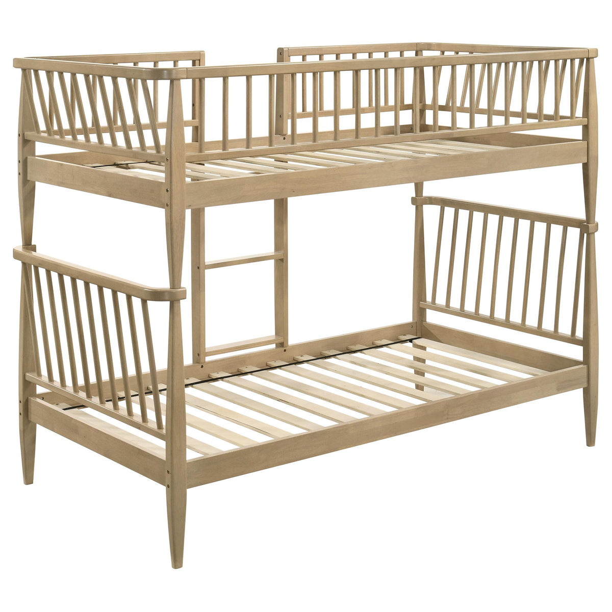 Abram Almond Twin Over Twin bunk bed, angled side view, open spindle rails