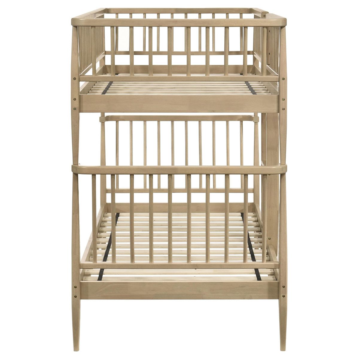 Abram Almond Twin Over Twin bunk bed, side elevation, ladder and spindle rails