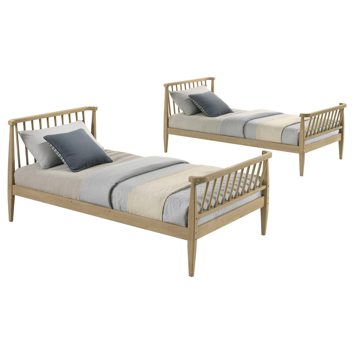Abram Almond Twin Over Twin bunk bed, front elevation, full stacked frame