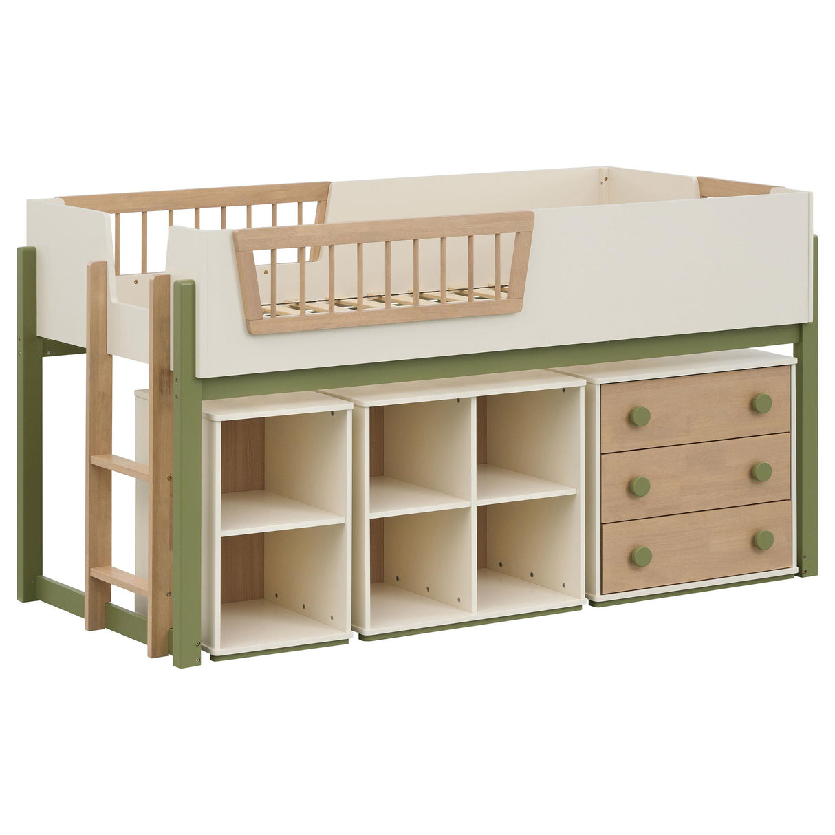 Evren Natural Twin Storage Loft Bed 4-Piece Set with Chest and Bookcases
