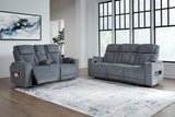 Studio Cave Power Reclining Sofa and Loveseat in Steel from Ashley - Luna Furniture