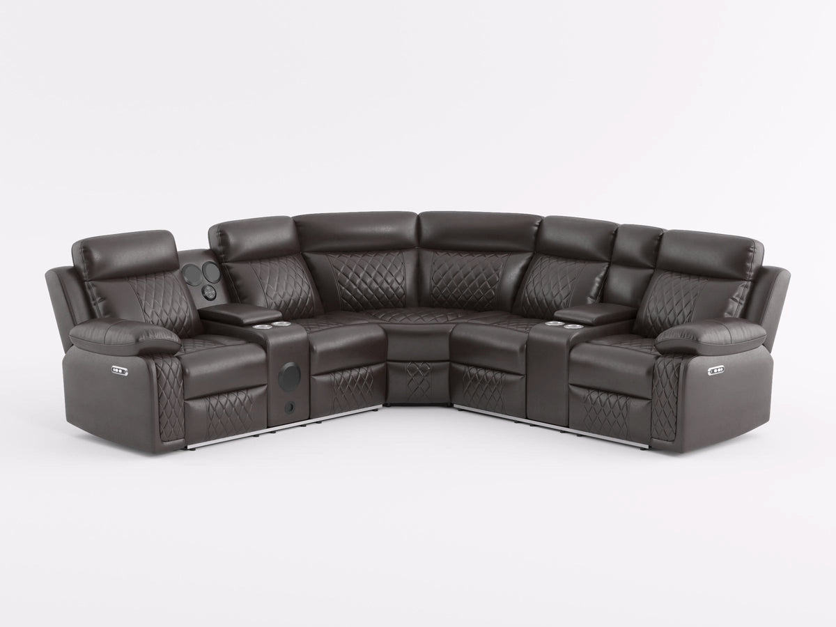 Cipher Dark Brown 3-Piece Power Reclining Sectional with Two Consoles, Speakers, Subwoofer, LED Lighting and  Charging Port