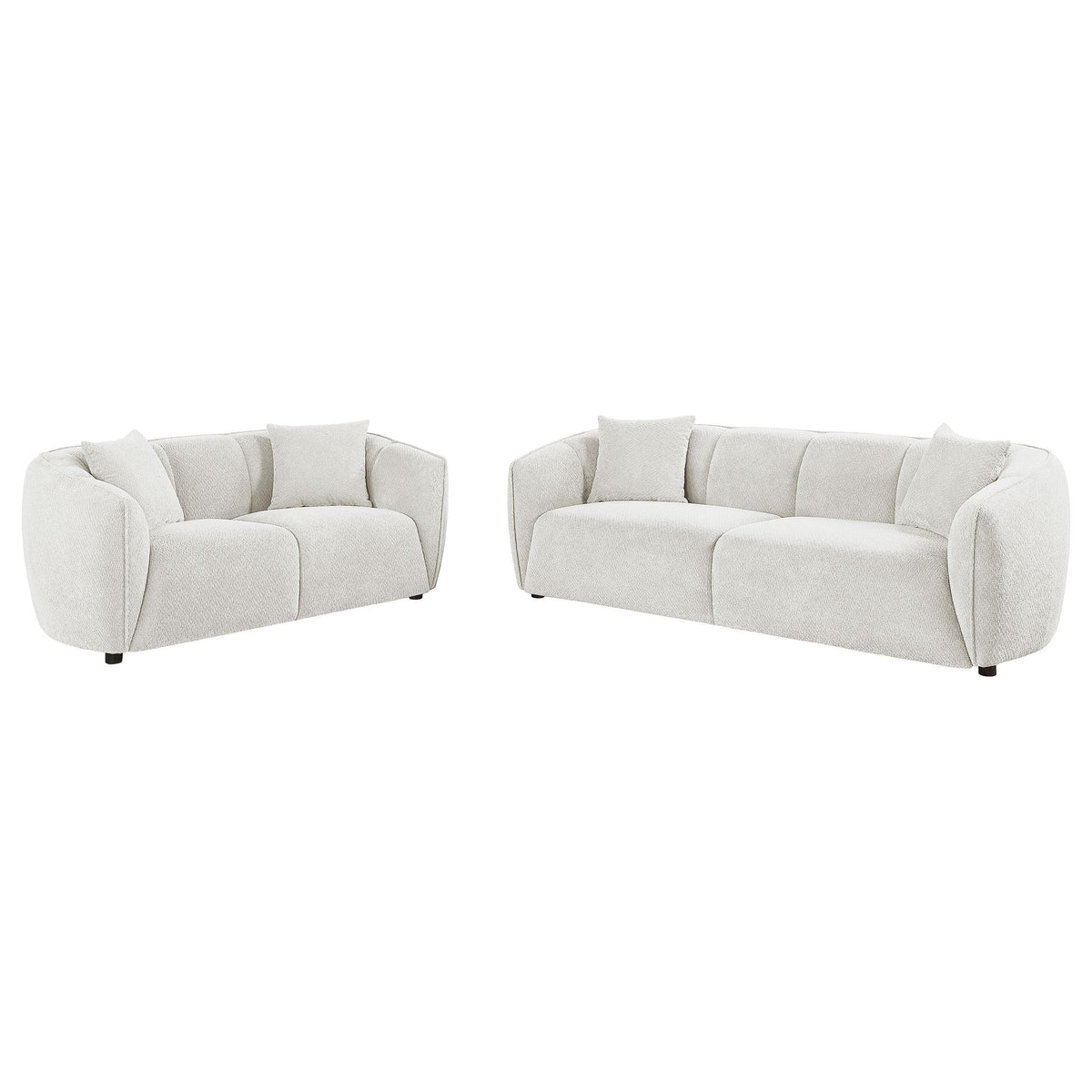 Aleisha Ivory sofa set, sofa and loveseat with rounded arms, front three-quarter view