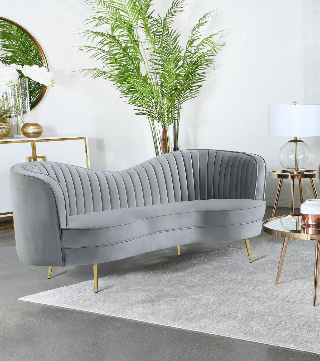 Sophia Gray and Gold Upholstered Loveseat with Camel Back from Coaster - Luna Furniture