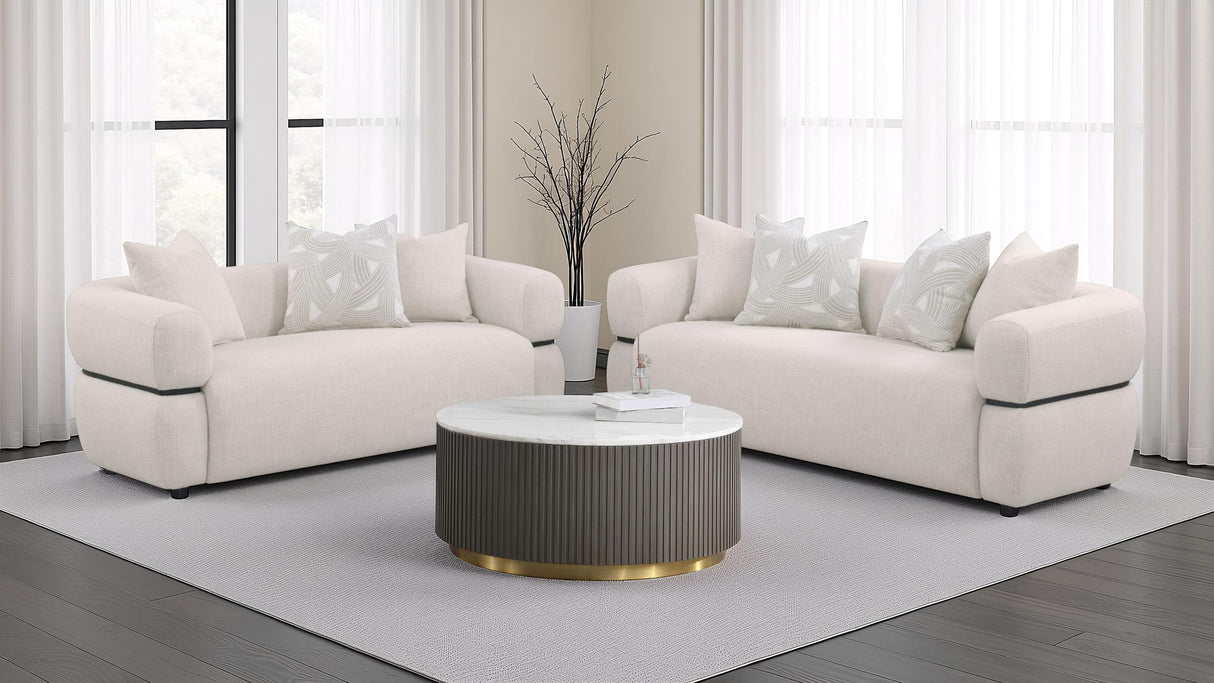 Jeanette Beige 84-inch Fabric Upholstered Round Arm Sofa from Coaster - Luna Furniture