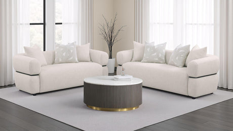 Jeanette Beige 84-inch Fabric Upholstered Round Arm Sofa from Coaster - Luna Furniture