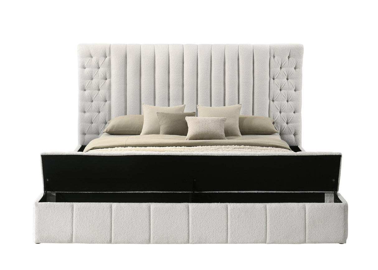 Danbury White Boucle King Upholstered Storage Panel Bed