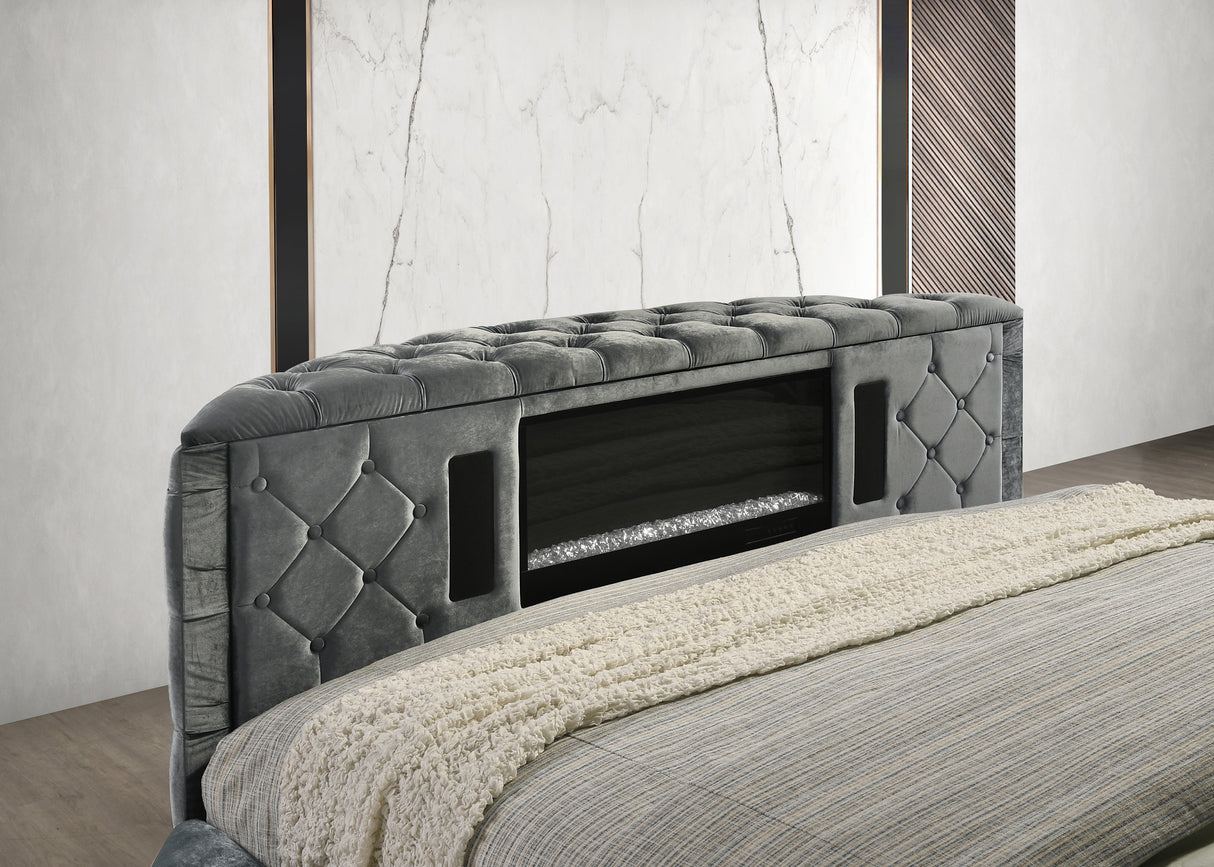 Voltare Gray Queen Upholstered Fireplace Bed with TV Lift from Crown Mark - Luna Furniture
