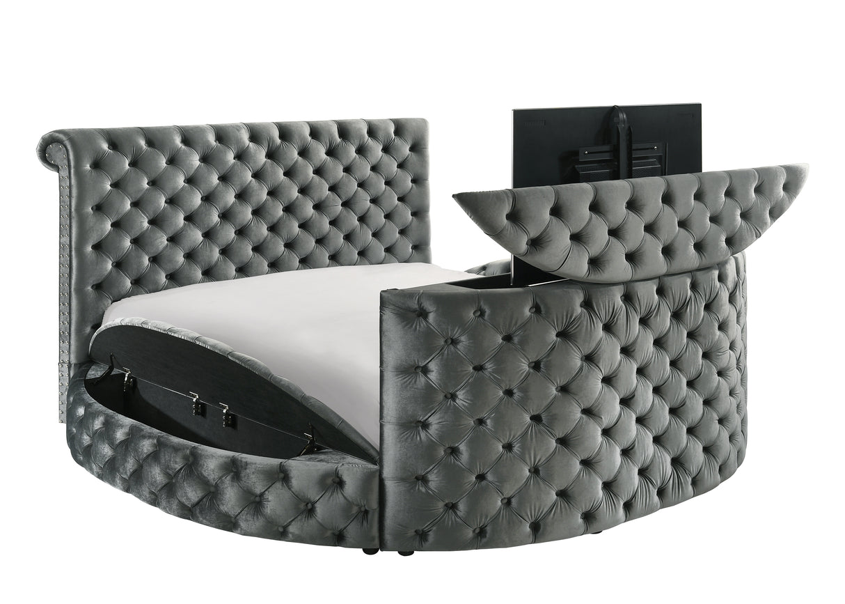 Voltare Gray Queen Upholstered Fireplace Bed with TV Lift from Crown Mark - Luna Furniture