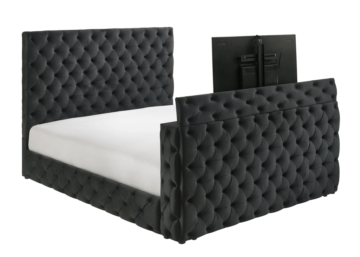 Josephine Black King Upholstered Panel Bed with TV Lift from Crown Mark - Luna Furniture
