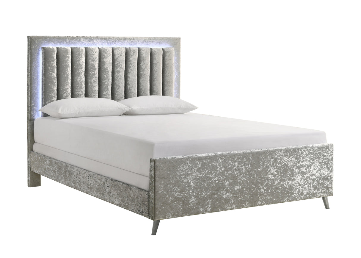Glisten Silver King LED Upholstered Panel Bed
