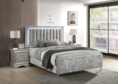 Glisten Silver Queen LED Upholstered Panel Bed