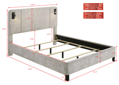 Freya Light Gray King Upholstered Bed with Reading Lights from Crown Mark - Luna Furniture