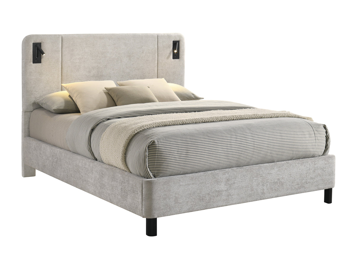 Freya Light Gray King Upholstered Bed with Reading Lights from Crown Mark - Luna Furniture