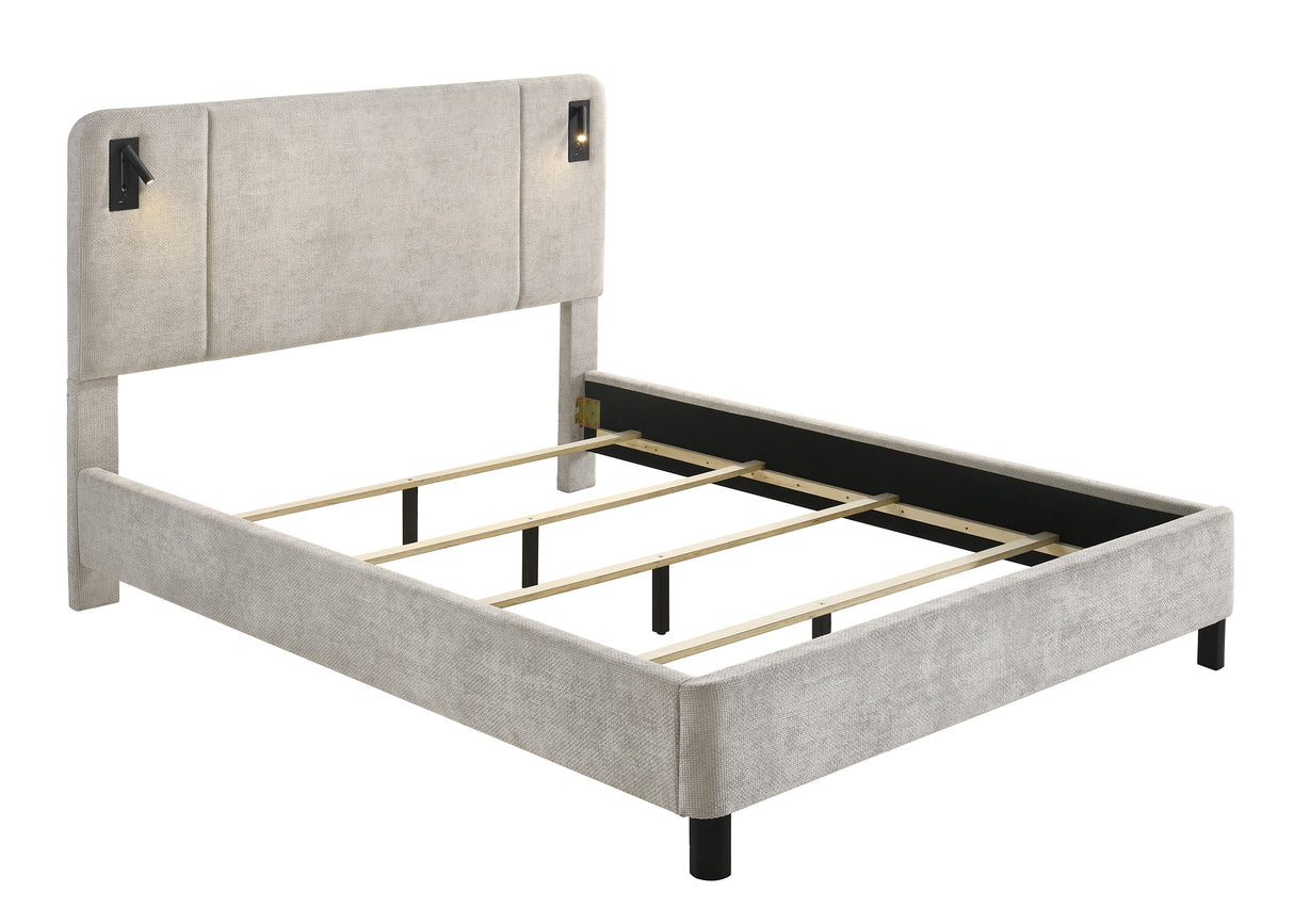 Freya Light Gray Queen Upholstered Bed with Reading Lights from Crown Mark - Luna Furniture