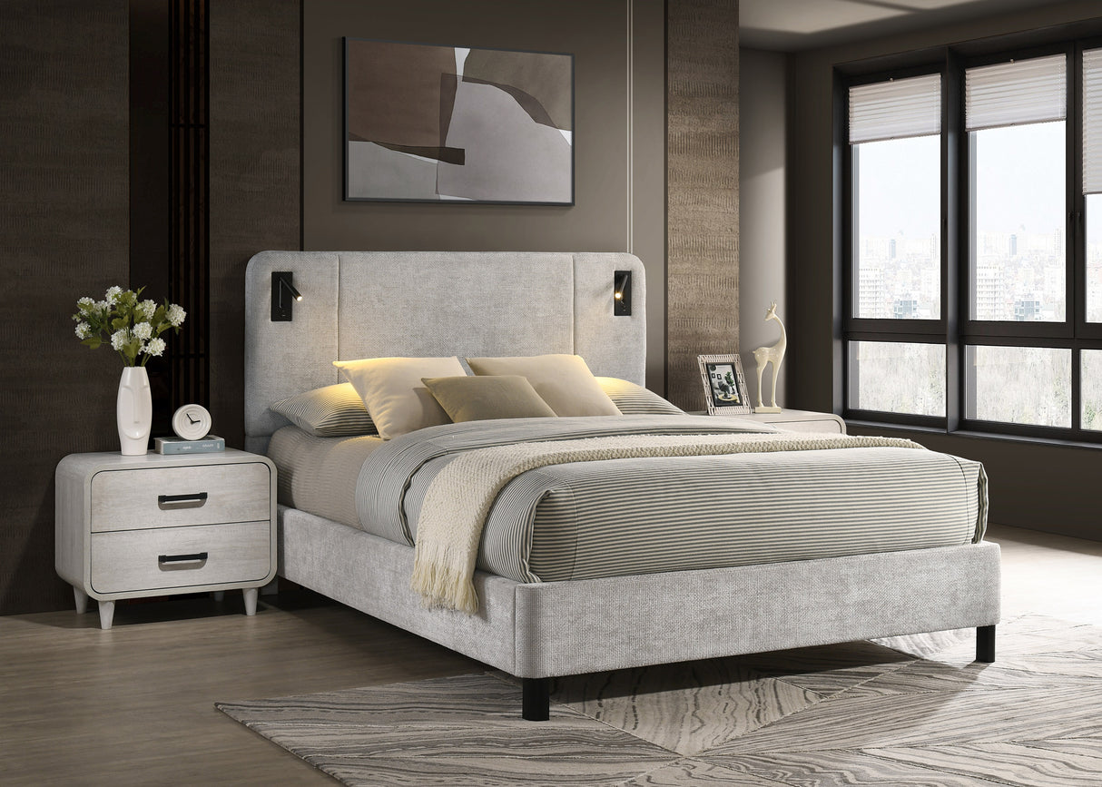 Freya Light Gray Queen Upholstered Bed with Reading Lights from Crown Mark - Luna Furniture