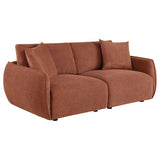 Elysia Coral modular loveseat, coral chenille upholstery, three-quarter front view