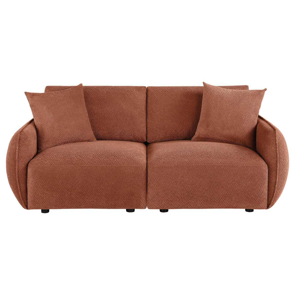 Elysia Coral modular loveseat, front view, coral chenille upholstery and accent pillows