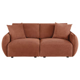 Elysia Coral modular loveseat, front view, coral chenille upholstery and accent pillows