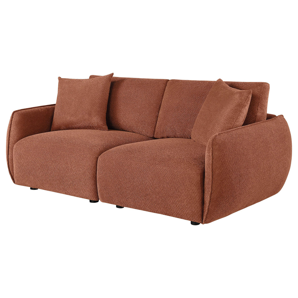 Elysia Coral modular loveseat, coral chenille, three-quarter front angle