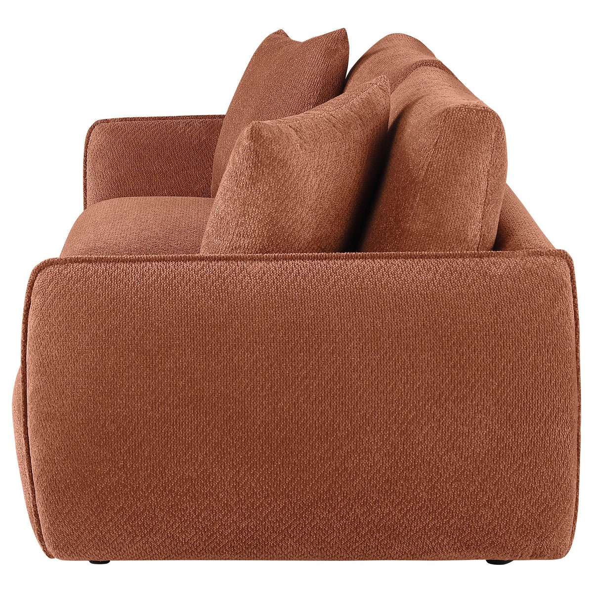 Elysia Coral modular loveseat, side view, rounded upholstered arm and back