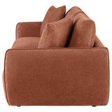 Elysia Coral modular loveseat, side view, rounded upholstered arm and back