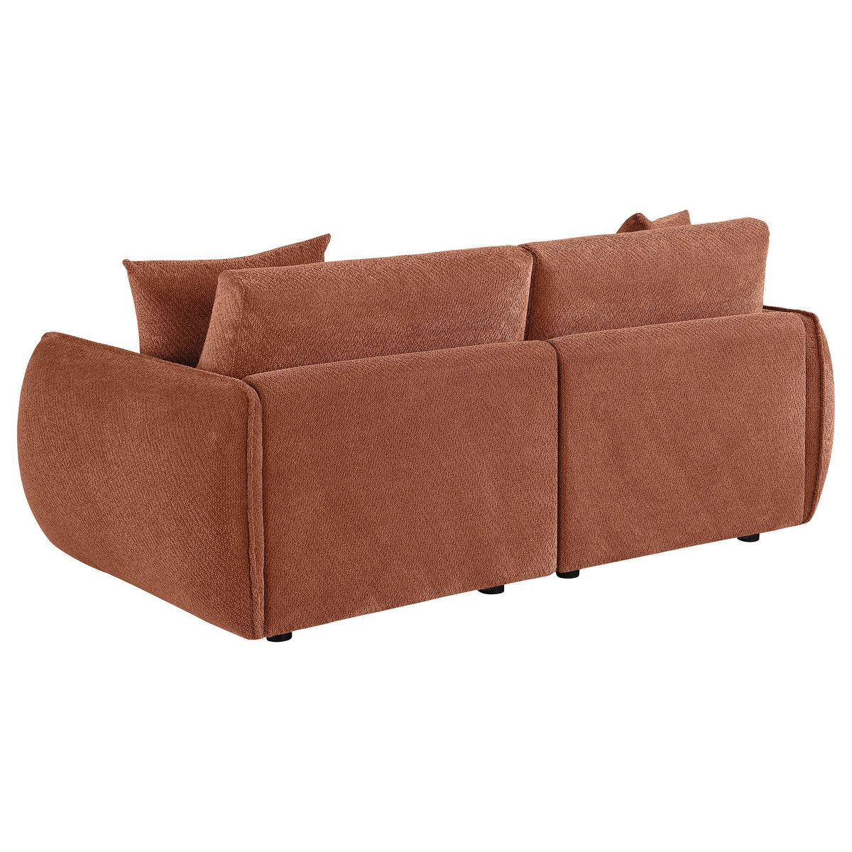 Elysia Coral modular loveseat, rear view, fully upholstered coral chenille back