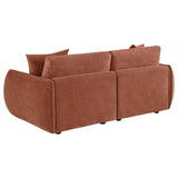 Elysia Coral modular loveseat, rear view, fully upholstered coral chenille back